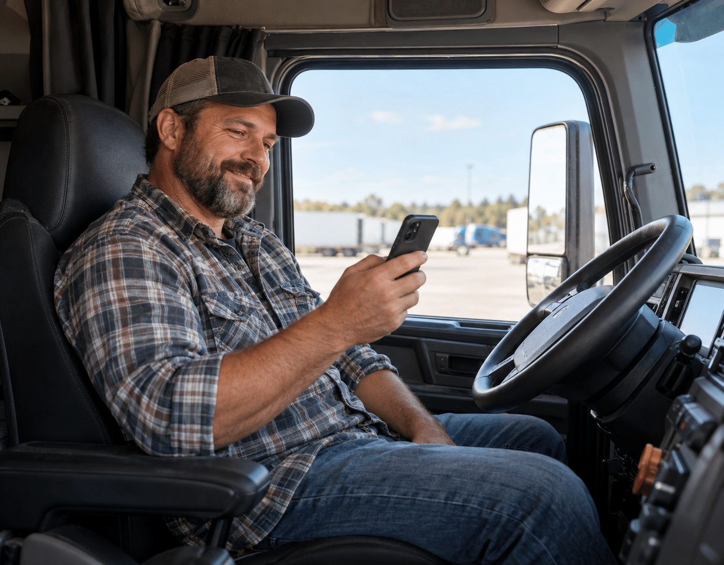 Truck driver smiling while checking his phone in a parked 18-wheeler